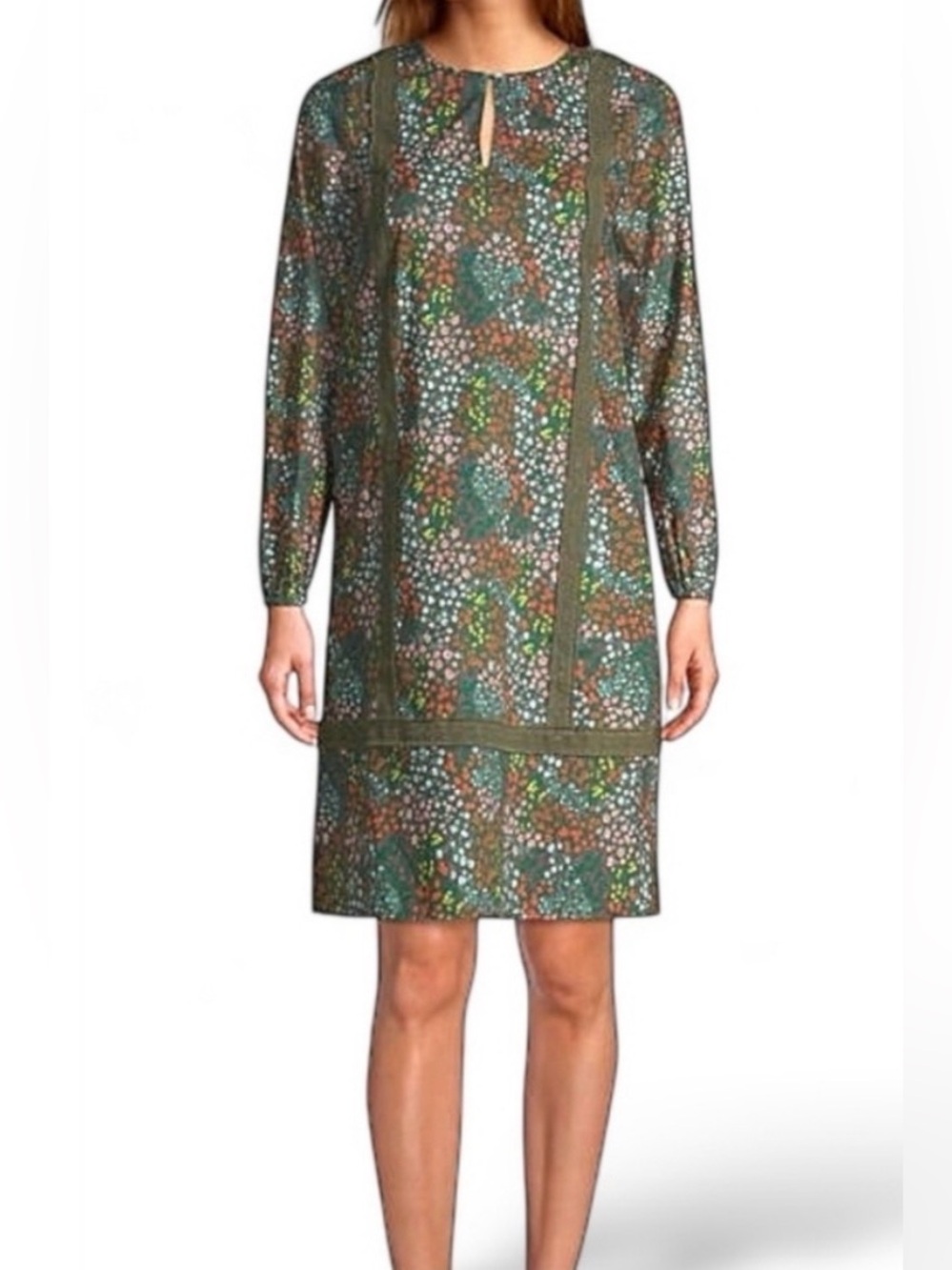 NWOT Lands’ End Brown Ditsy Floral Long Sleeve Knee Length Cotton Shift Dress M
